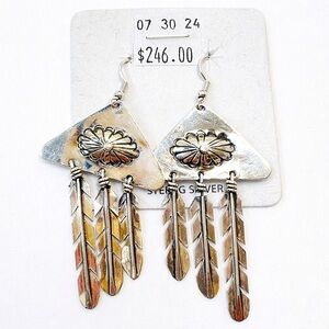 STERLING SILVER NAVAJO FEATHER CONCHO EARRINGS SIGNED JLC 3”